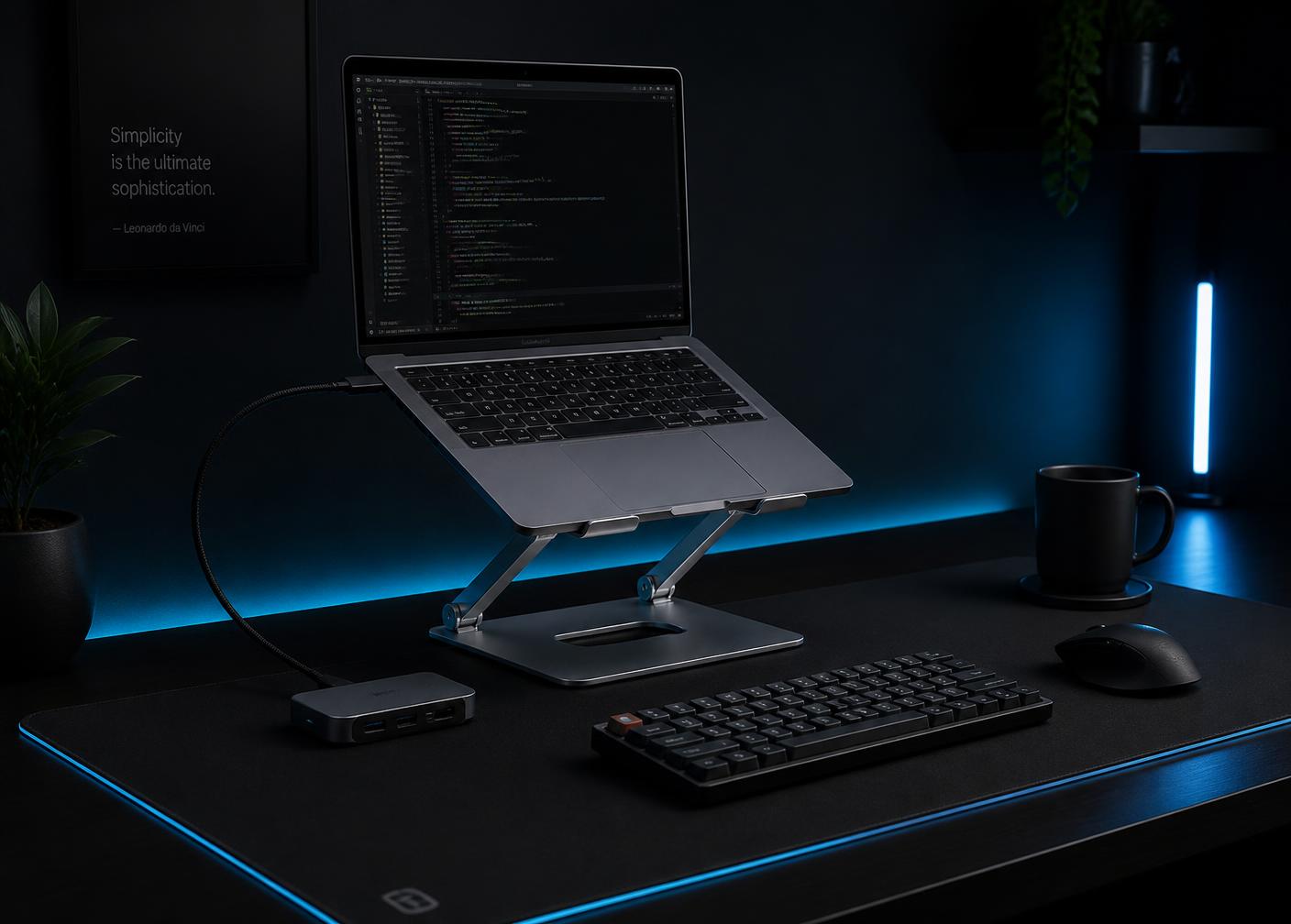 KTech Store workstation setup with aluminum laptop stand, extended desk mat and USB-C hub